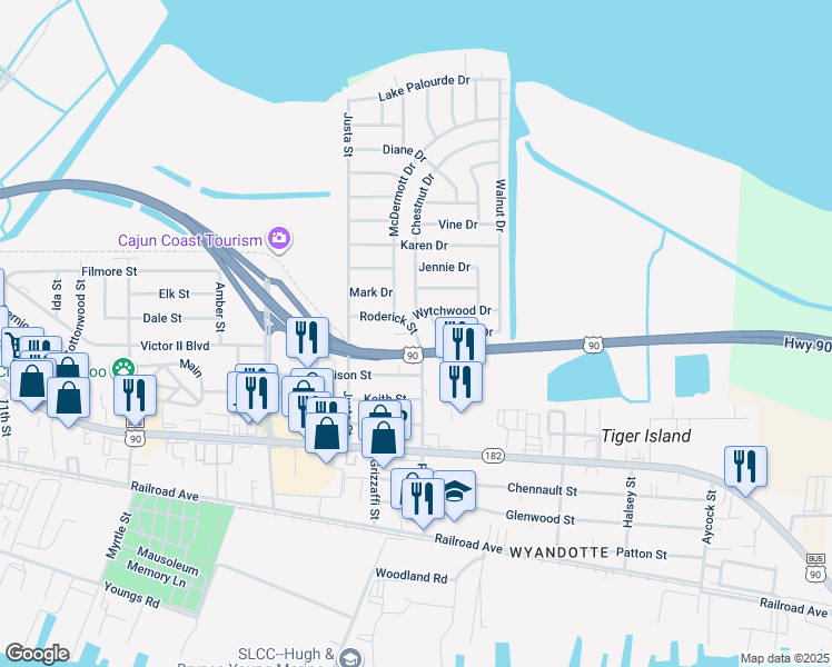 map of restaurants, bars, coffee shops, grocery stores, and more near 1 Village Drive in Morgan City