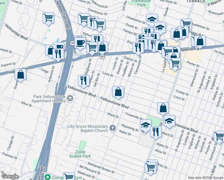 map of restaurants, bars, coffee shops, grocery stores, and more near 6806 Cadillac Street in Houston
