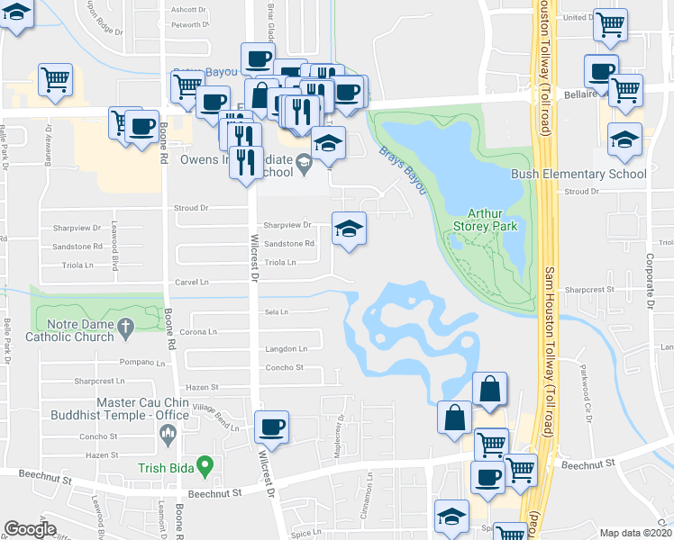 map of restaurants, bars, coffee shops, grocery stores, and more near 10700 Carvel Lane in Houston