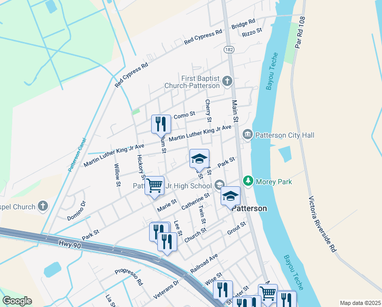 map of restaurants, bars, coffee shops, grocery stores, and more near 301-309 Taft St in Patterson