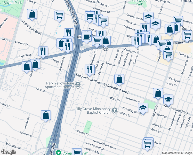 map of restaurants, bars, coffee shops, grocery stores, and more near 6839 Del Rio Street in Houston