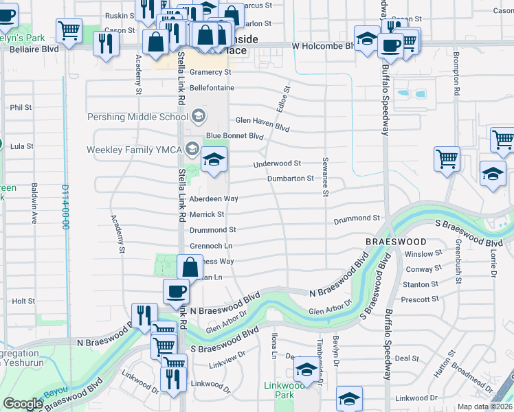 map of restaurants, bars, coffee shops, grocery stores, and more near 3734 Merrick Street in Houston