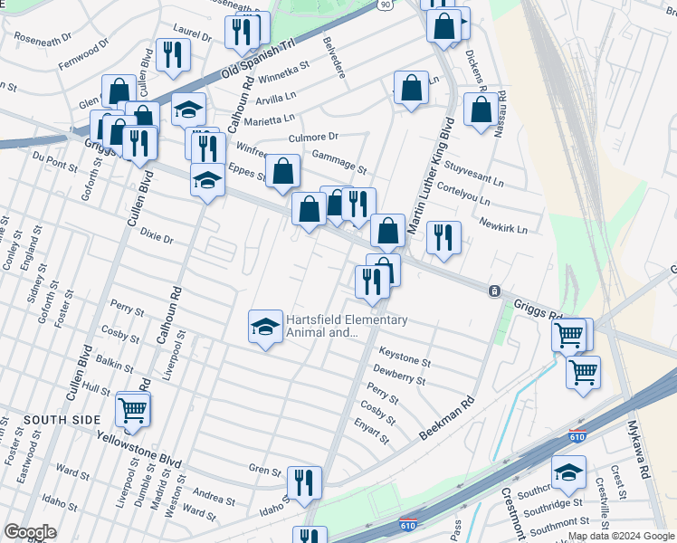 map of restaurants, bars, coffee shops, grocery stores, and more near 5090 Griggs Road in Houston