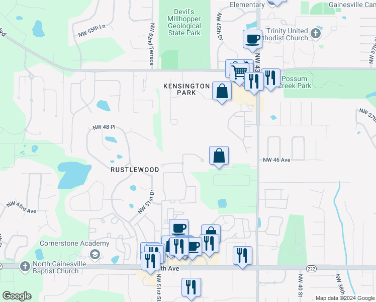 map of restaurants, bars, coffee shops, grocery stores, and more near 4867 Northwest 46th Place in Gainesville