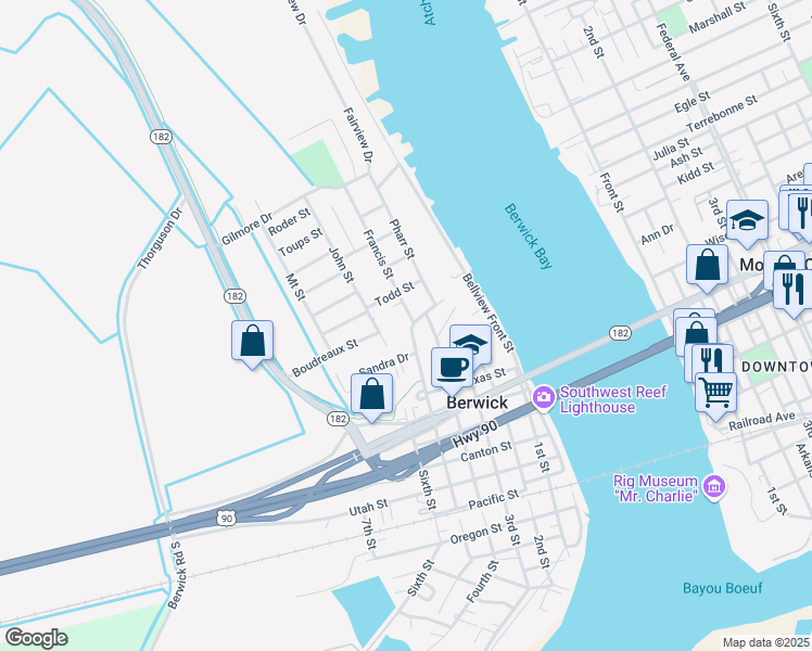 map of restaurants, bars, coffee shops, grocery stores, and more near 3800-3812 John Street in Berwick