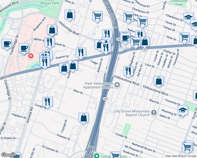 map of restaurants, bars, coffee shops, grocery stores, and more near 3214 Yellowstone Park Drive in Houston