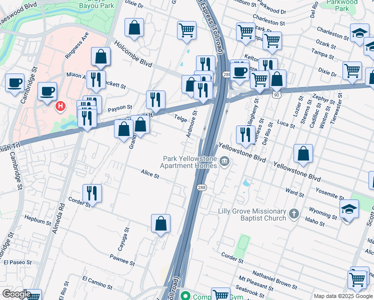 map of restaurants, bars, coffee shops, grocery stores, and more near 3214 Yellowstone Park Drive in Houston