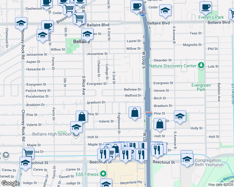map of restaurants, bars, coffee shops, grocery stores, and more near 4813 Welford Drive in Bellaire