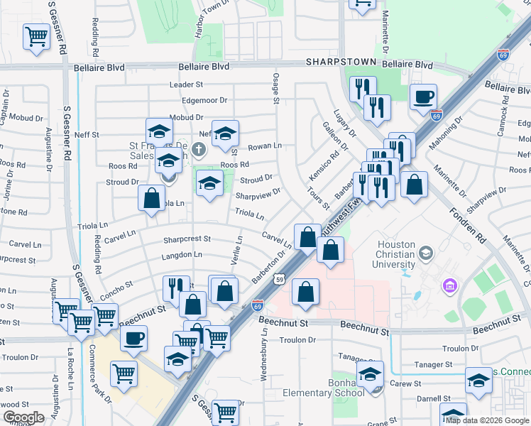 map of restaurants, bars, coffee shops, grocery stores, and more near 8006 Triola Lane in Houston