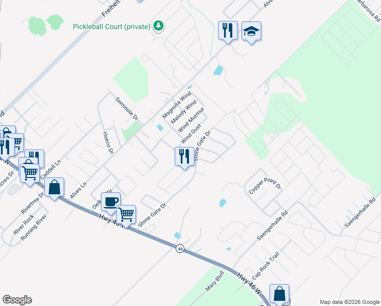 map of restaurants, bars, coffee shops, grocery stores, and more near 1109 Stone Branch in New Braunfels