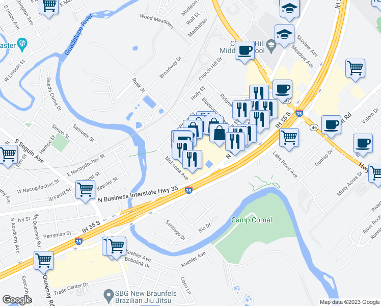 map of restaurants, bars, coffee shops, grocery stores, and more near 651 North Business Interstate Highway 35 in New Braunfels