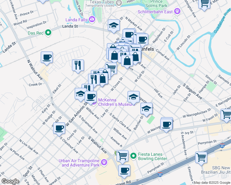 map of restaurants, bars, coffee shops, grocery stores, and more near 640 Lee Street in New Braunfels