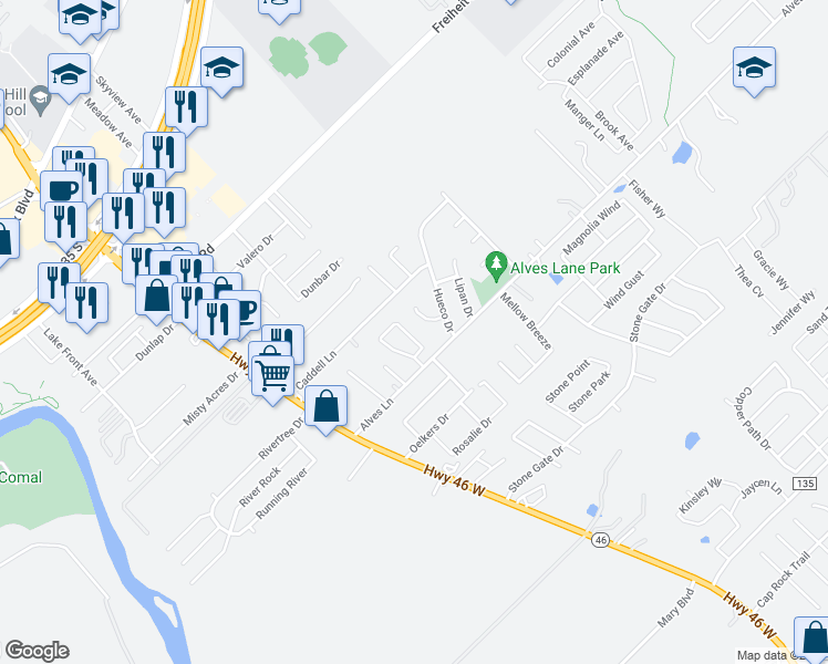 map of restaurants, bars, coffee shops, grocery stores, and more near 1133 Brown Rock Drive in New Braunfels