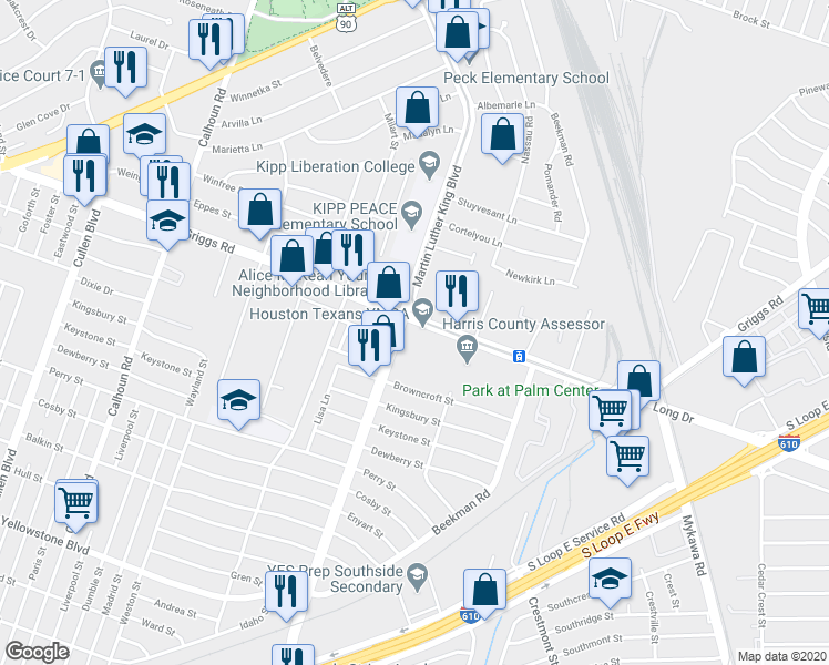 map of restaurants, bars, coffee shops, grocery stores, and more near 5202 Griggs Road in Houston