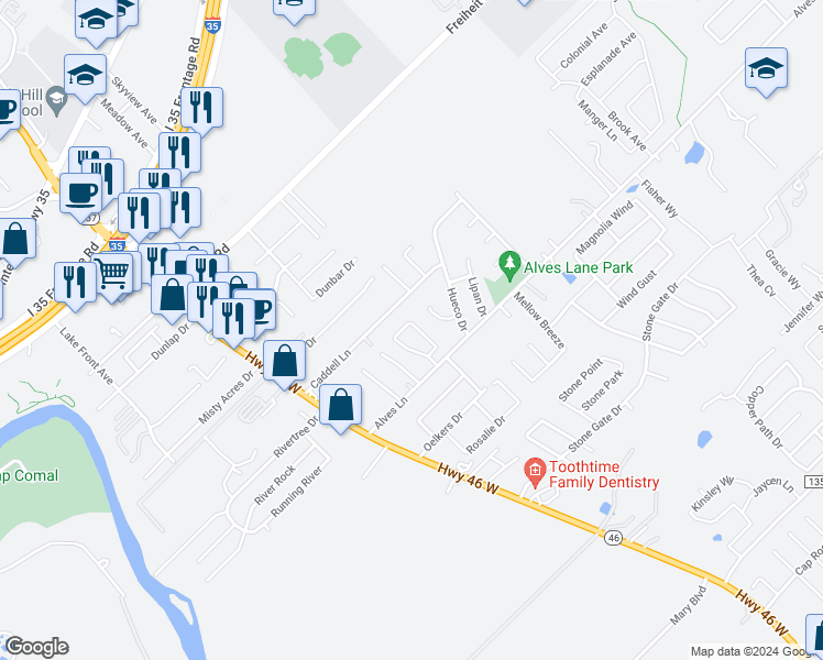 map of restaurants, bars, coffee shops, grocery stores, and more near 1028 Brown Rock Drive in New Braunfels