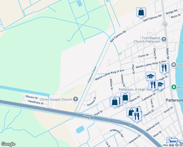 map of restaurants, bars, coffee shops, grocery stores, and more near 113 Shady Grove Drive in Patterson