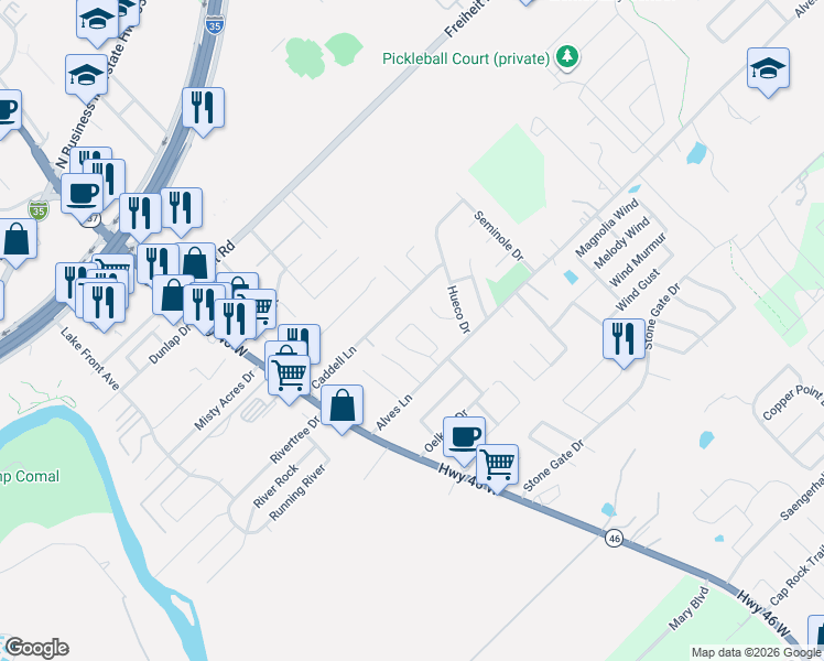 map of restaurants, bars, coffee shops, grocery stores, and more near 1136 Brown Rock Drive in New Braunfels