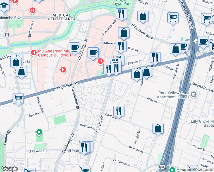 map of restaurants, bars, coffee shops, grocery stores, and more near 7028 Almeda Road in Houston