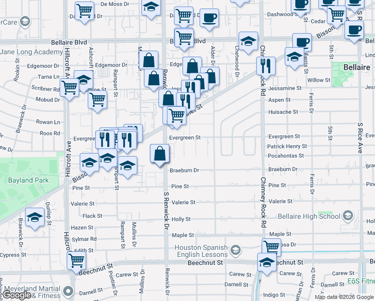 map of restaurants, bars, coffee shops, grocery stores, and more near 813 Woodstock Street in Bellaire