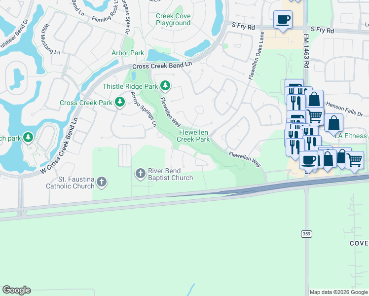 map of restaurants, bars, coffee shops, grocery stores, and more near 27646 Linden Ridge Lane in Fulshear