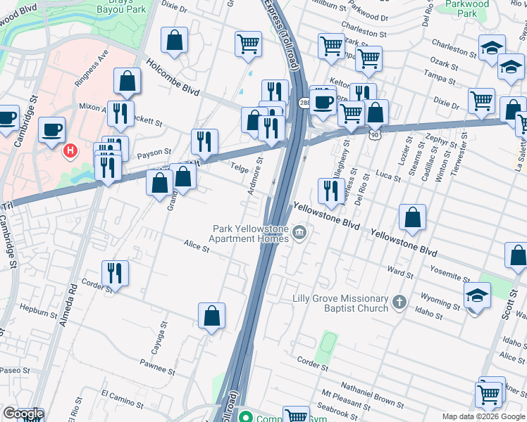 map of restaurants, bars, coffee shops, grocery stores, and more near 3214 Yellowstone Park Drive in Houston