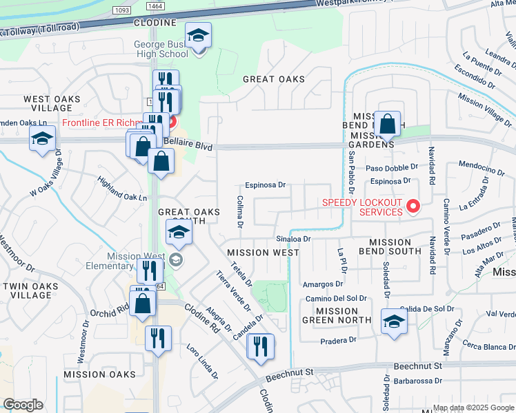 map of restaurants, bars, coffee shops, grocery stores, and more near 7222 Arista Drive in Houston