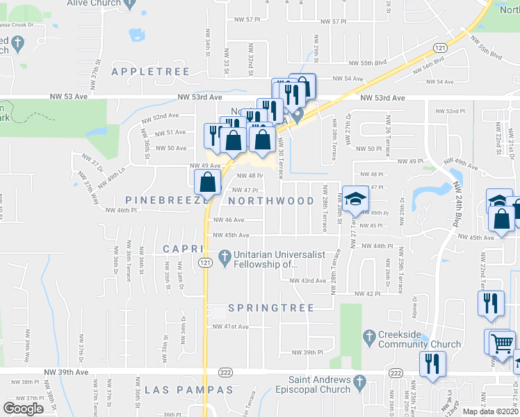 map of restaurants, bars, coffee shops, grocery stores, and more near 3125 Northwest 46th Place in Gainesville