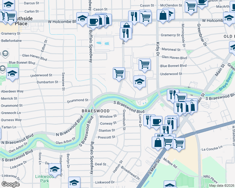 map of restaurants, bars, coffee shops, grocery stores, and more near North Braeswood Boulevard & Brompton Street in Houston