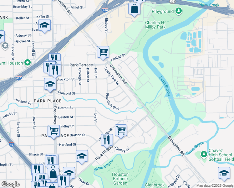 map of restaurants, bars, coffee shops, grocery stores, and more near 8527 Concord Street in Houston