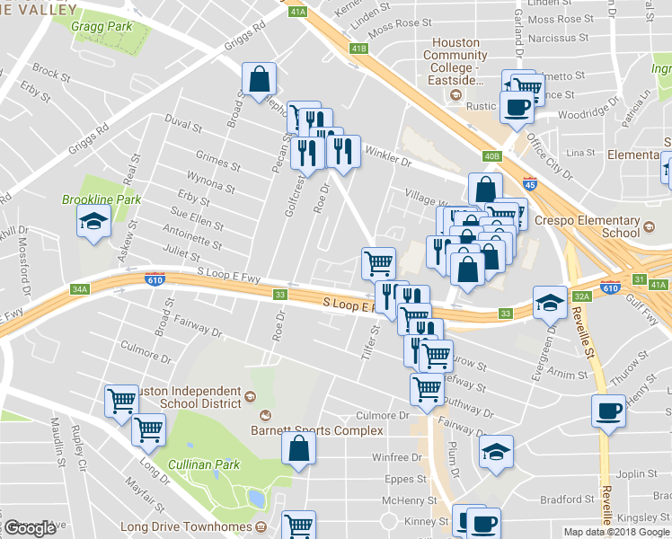 map of restaurants, bars, coffee shops, grocery stores, and more near 160 East Bend Lane in Houston