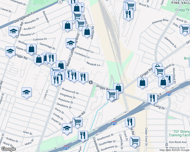map of restaurants, bars, coffee shops, grocery stores, and more near 5427 Griggs Road in Houston