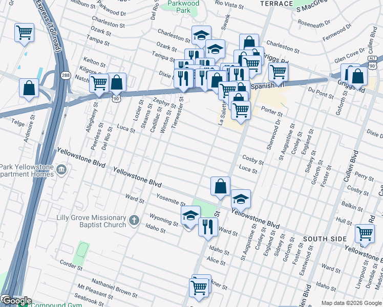 map of restaurants, bars, coffee shops, grocery stores, and more near 3711 Florinda Street in Houston