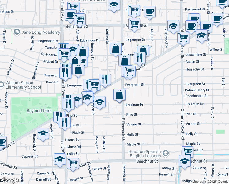 map of restaurants, bars, coffee shops, grocery stores, and more near 5929 Bissonnet Street in Houston