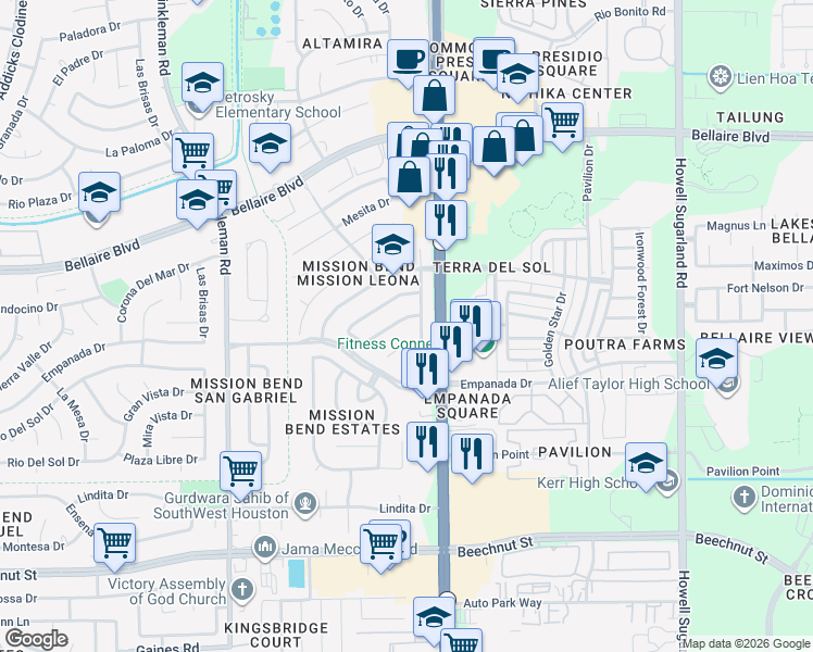 map of restaurants, bars, coffee shops, grocery stores, and more near 7315 Mission Court Drive in Houston