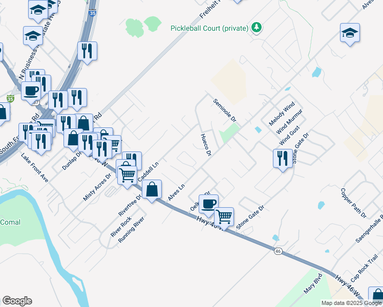 map of restaurants, bars, coffee shops, grocery stores, and more near 1136 Brown Rock Drive in New Braunfels