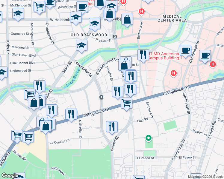 map of restaurants, bars, coffee shops, grocery stores, and more near 7676 Phoenix Drive in Houston