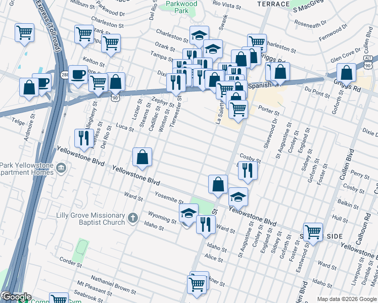 map of restaurants, bars, coffee shops, grocery stores, and more near 3711 Florinda Street in Houston