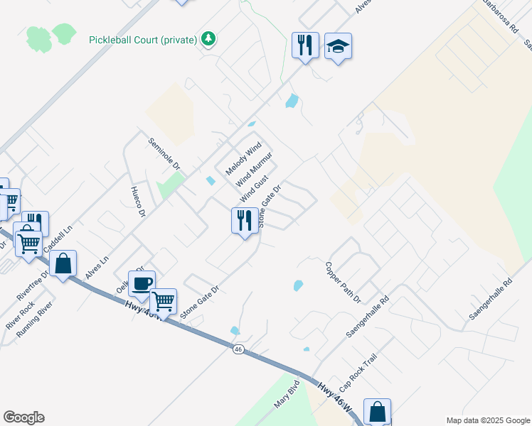 map of restaurants, bars, coffee shops, grocery stores, and more near 1106 Stone Arch in New Braunfels