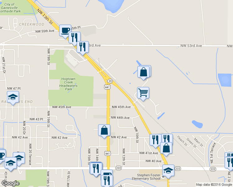 map of restaurants, bars, coffee shops, grocery stores, and more near 4577 Northwest 13th Street in Gainesville