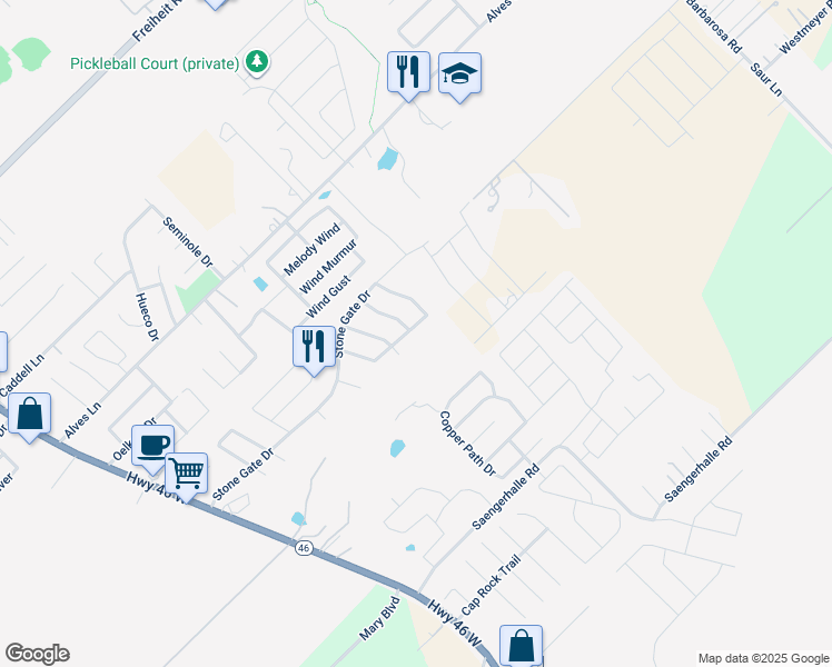 map of restaurants, bars, coffee shops, grocery stores, and more near 1250 Stone Branch in New Braunfels
