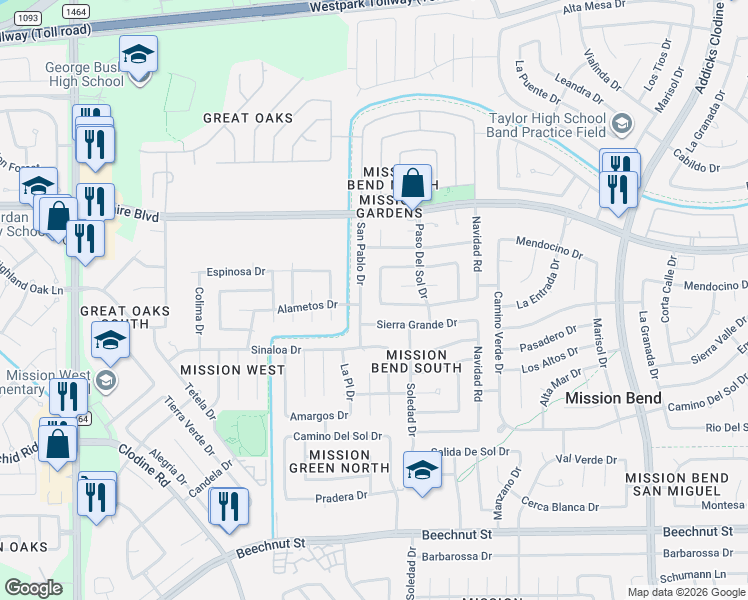 map of restaurants, bars, coffee shops, grocery stores, and more near 16335 Alametos Drive in Houston