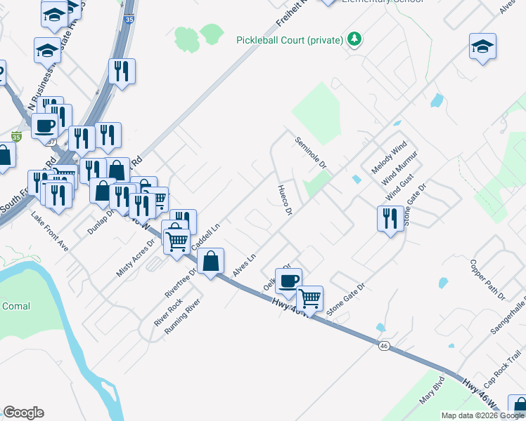 map of restaurants, bars, coffee shops, grocery stores, and more near 1136 Brown Rock Drive in New Braunfels