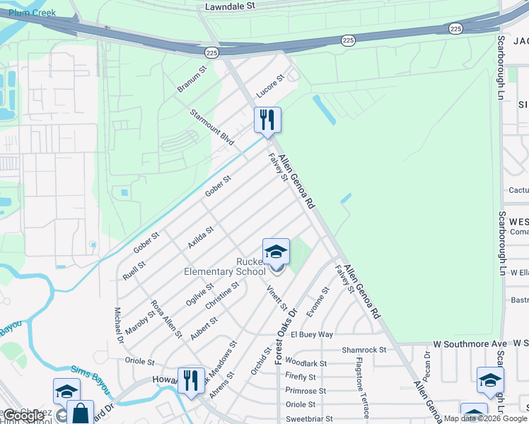 map of restaurants, bars, coffee shops, grocery stores, and more near 502 Maroby Street in Houston