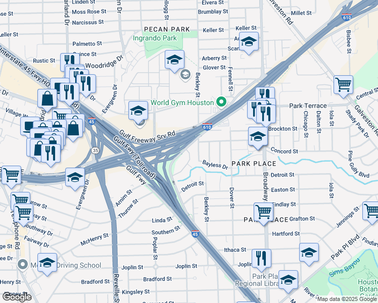map of restaurants, bars, coffee shops, grocery stores, and more near 7313 Gulf Freeway in Houston