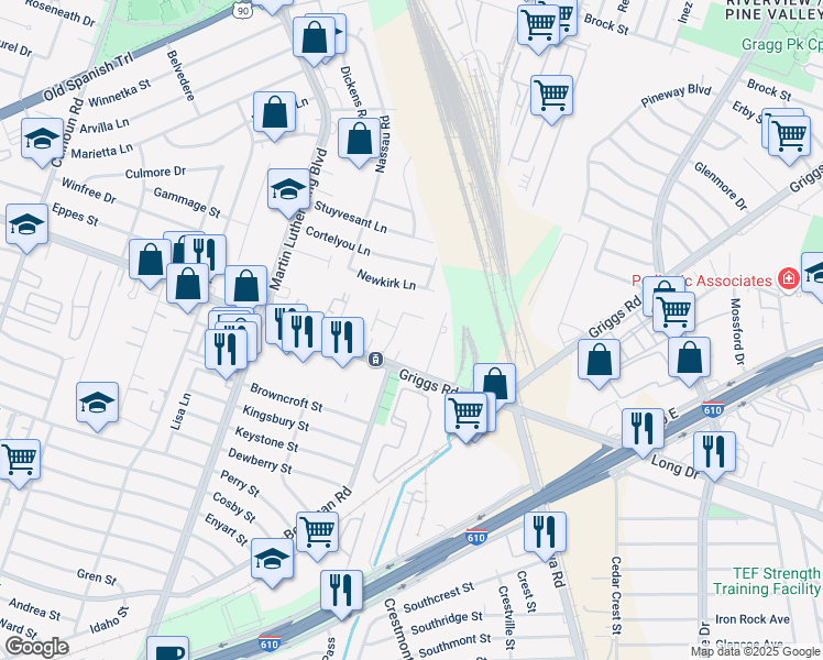 map of restaurants, bars, coffee shops, grocery stores, and more near 5427 Griggs Road in Houston