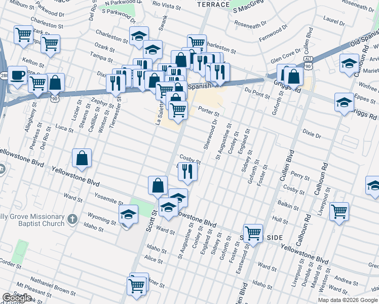 map of restaurants, bars, coffee shops, grocery stores, and more near 3914 Cosby Street in Houston