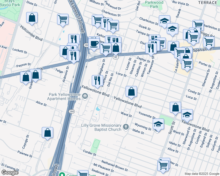 map of restaurants, bars, coffee shops, grocery stores, and more near 6839 Del Rio Street in Houston