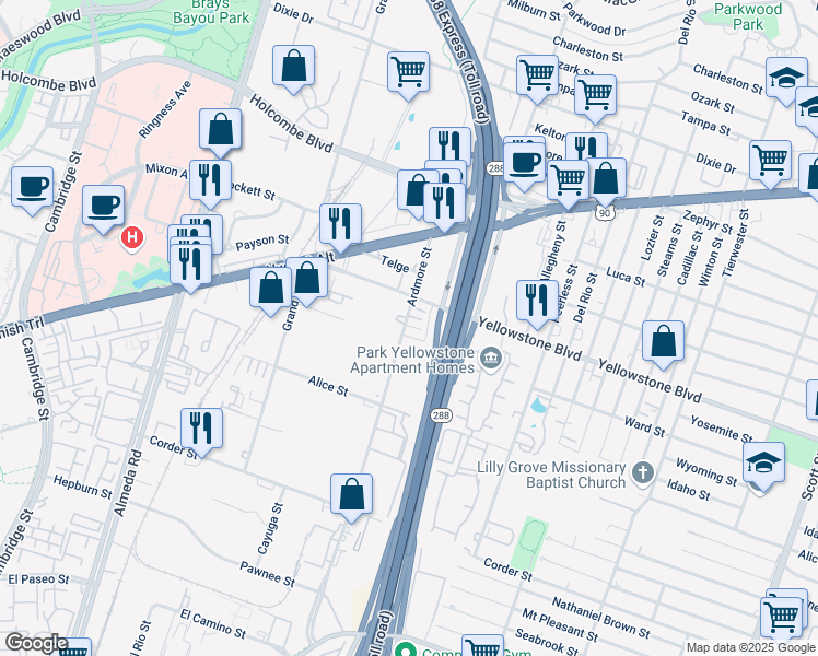 map of restaurants, bars, coffee shops, grocery stores, and more near 3214 Yellowstone Park Drive in Houston
