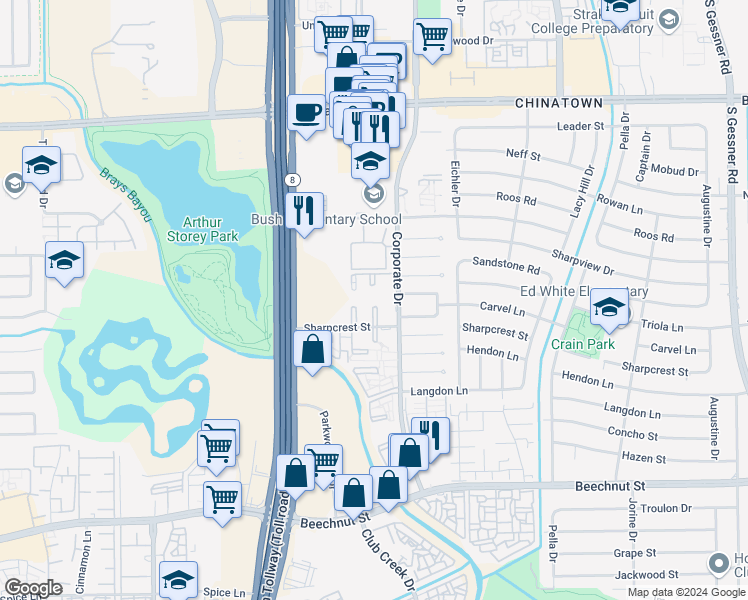 map of restaurants, bars, coffee shops, grocery stores, and more near 7502 Corporate Drive in Houston