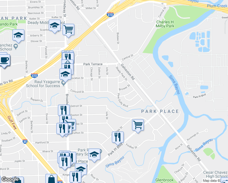 map of restaurants, bars, coffee shops, grocery stores, and more near 8419 Concord Street in Houston